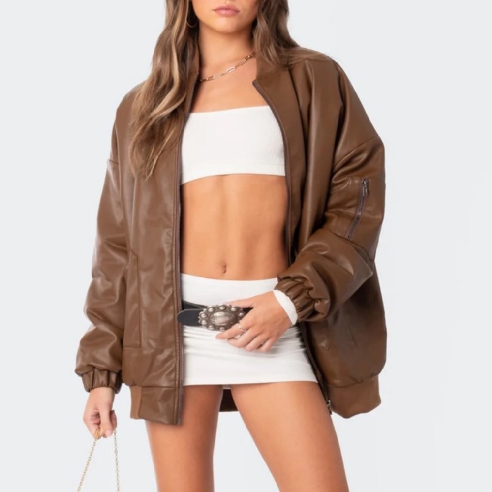 edikted oversized brown faux leather bomber jacket